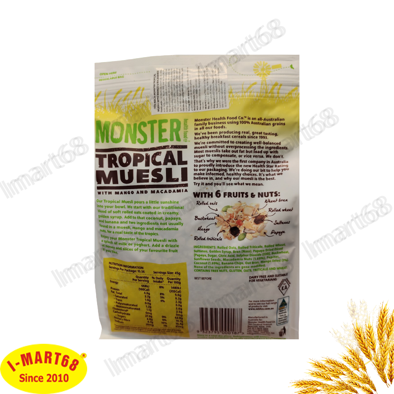 Mặt sau sản phẩm ngũ cốc yến mạch Monster Tropical Muesli