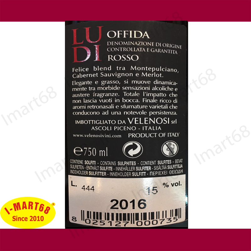 Rượu vang Ý nhập khẩu cao cấp Ludi velenosi – DOCG 