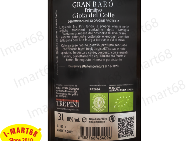 Rượu vang Ý nhập khẩu cao cấp 18 độ Trepini Limited Gran Baro chai to 3 lít
