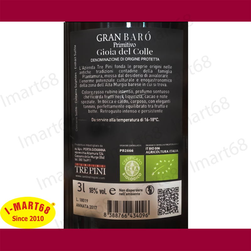 Rượu vang Ý nhập khẩu cao cấp 18 độ Trepini Limited Gran Baro chai to 3 lít