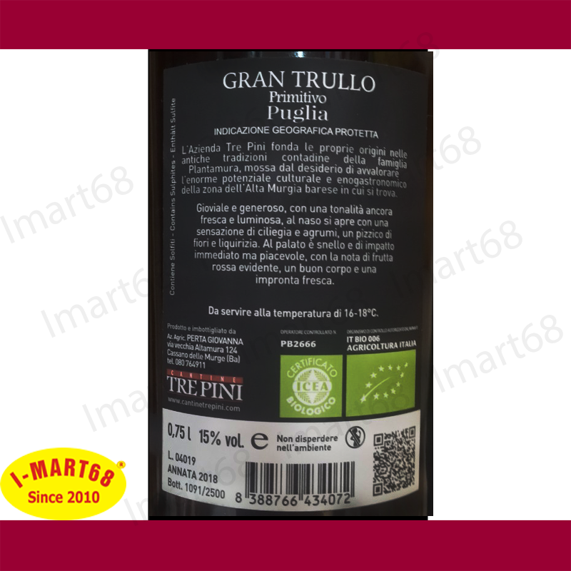 Rượu vang Ý cao cấp 15 độ Trepini Primitivo Limited