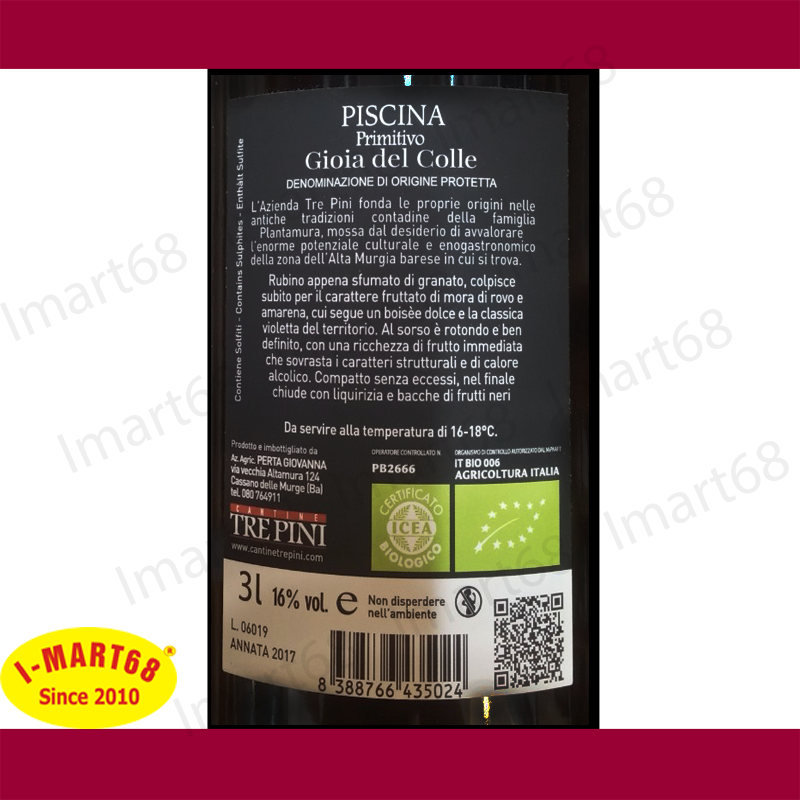 Rượu vang Ý nhập khẩu cao cấp 16 độ Trepini Primitivo Piscina 3 lít
